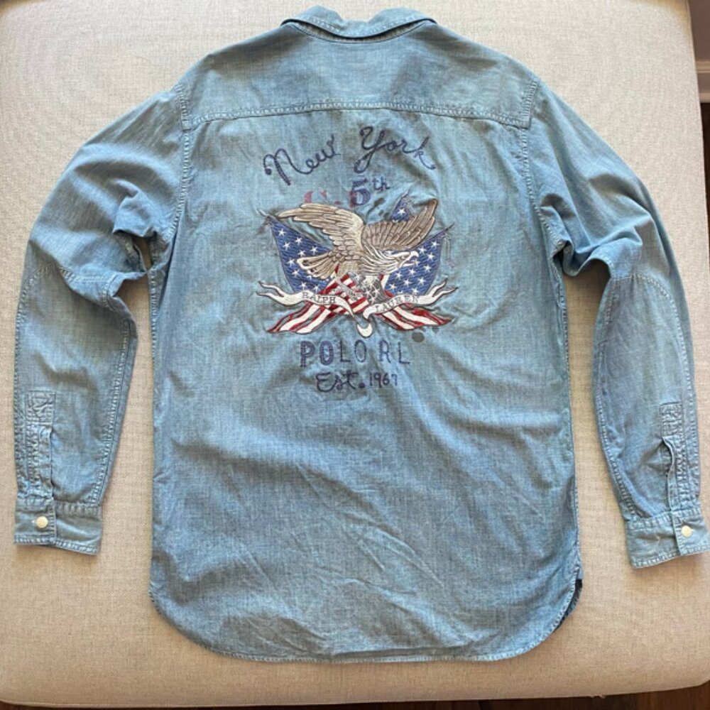 Ralph Lauren Vintage Men's Indigo Denim Workshirt With Eagle & Flag On Back